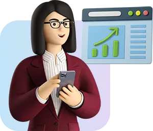A 3D animated character of a woman with long black hair and glasses, wearing a red blazer and white shirt, holding a smartphone. To her right is a floating digital window showcasing a green bar graph and other interface elements. The background is a soft blue gradient.