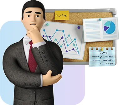 A 3D animated character of a man in a gray suit with a red tie, standing thoughtfully with his hand on his chin. Behind him is a cork bulletin board displaying various charts, graphs, and papers. The background is a soft blue gradient.